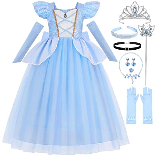 Luzlen Cinderella Costume for Girls Kids Blue Princess Dress with Accessories Halloween Birthday Party Outfits, 4-5T(Tag 120)
