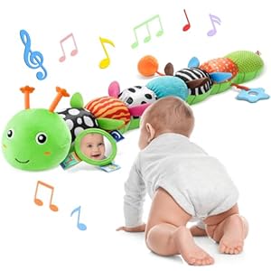 Baby Toys 6-12 Months Music Caterpillar Infant Toys Stuffed Animals 0-3-6 Months Tummy Time Teething Sensory Toys with Mirror Rattle&Pull String for Boys Girls Birthday Gifts|Grass Green,Leafy