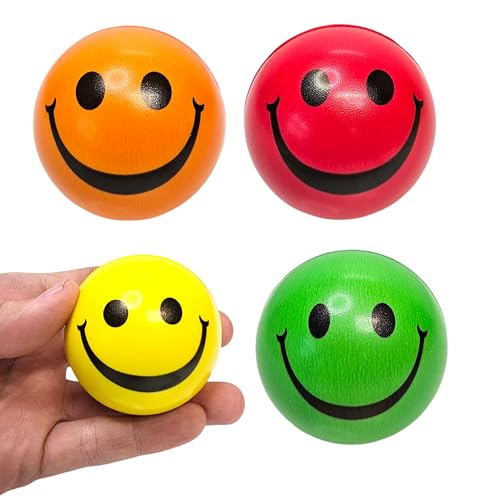Smiley Face Stress Ball (4 Pack) (2.5 Inch) Soft Foam Red, Orange, Green, Yellow Balls Great for Prizes and Giveaways (Assortment, 4, Pack)