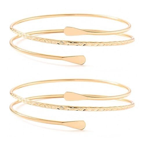 Henyall 2PCS Boho Upper Arm Cuff Bracelet for Women Adjustable Coil Arm Band Bangle Gold Arm Cuff Punk Minimalist Open Armlets for Party Performance Dress Up (Gold)