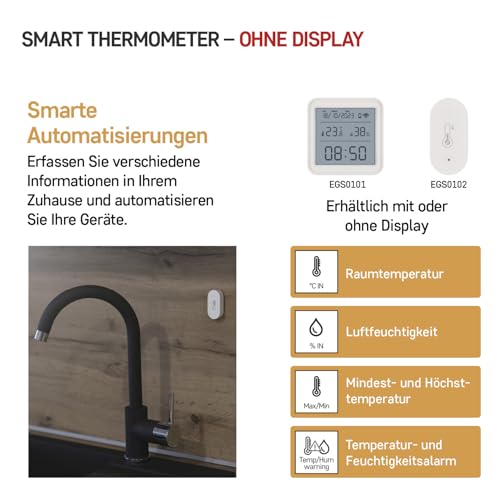 EMOS GoSmart - Smart Home Thermometer mit App - Innentemperaturbereich -20°C bis +60°C - einstellbare Temperatureinheit °C/°F - Inkl. Batterie - Google Home und Alexa kompatibel - weiß