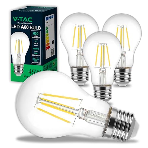 V-TAC 4x Bombillas LED Filamento A60 E27-6W (Equivalente a 45W) - 600 Lumen - Bombilla Máxima Eficiencia y Ahorro Energético - Blanco Neutro 4000K