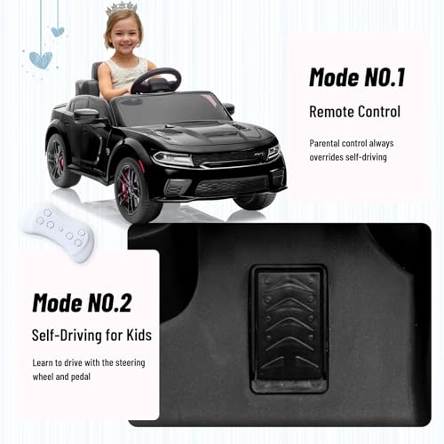 Image of Electric Car for Kids,Licensed Dodge Charger SRT Hellcat Ride on Car,3.1mph Max Speed,12V 7A Kids Electric Vehicle with Remote Control,Music,LED Light,Bluetooth (Black)