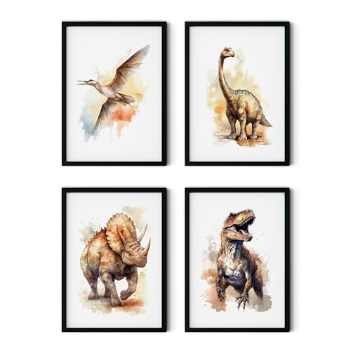 MJ-Graphics | Poster Set Dinosaurier Jungen Kinderzimmer & Spielzimmer | 4x Din A4 300g Qualit&auml;tsdruck | Wandbild Wanddeko Bilder ohne Bilderrahmen