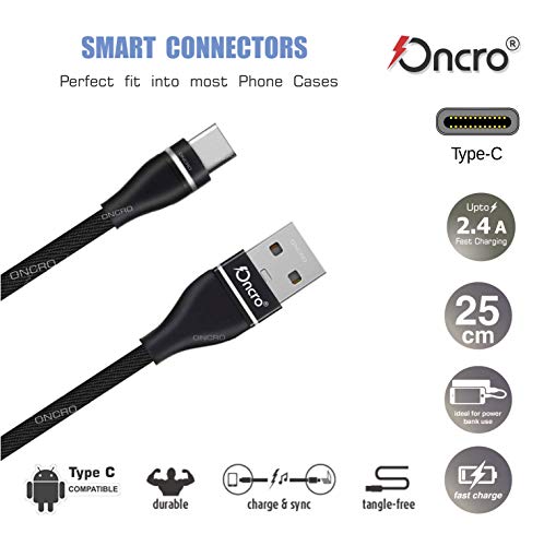 Image of Black Strong Data Cable Fast Charging, Short mini Small 25 cm Nylon Braided Power Bank Cable for Type c oneplus 6, 7, 8, Galaxy s 9 + Note 8, 2.4A max