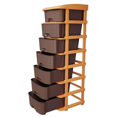Image of Jefa Plastic Modular Drawer Storage Organizer | Multipurpose Storage Chest with Anti-Slip Design | Large Capacity Drawer Rack for Clothes, Shoes, Office & Home Use (Brown, 7)