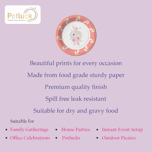 Image of Potluck Peach Floral Disposable Paper Plates | 9 Inch Food Grade Tableware for Parties | Events, Snacks & Meal Serving
