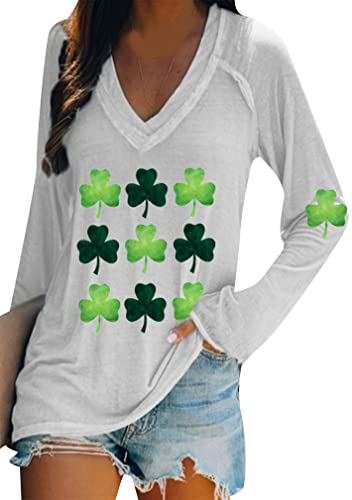 Image of BOFETA Women St Patricks Day Sweatshirts Loose Long Sleeve Shirts Green Shamrock Print Blouse Flowy Color Block Pullover Tops