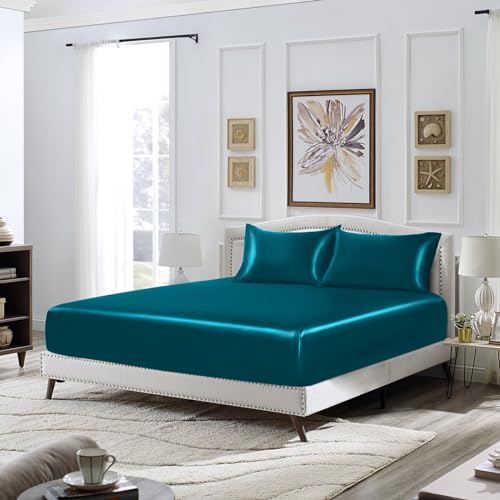 Image of SiinvdaBZX 3-Piece Set Satin Twin Fitted Sheet & 2 Pillowcase, Dark Teal Silky Soft Fitted Bottom Sheet, Wrinkle Free, Fade Resistant, Deep Pocket Bed Sheet (Deep Up to 15 inch)