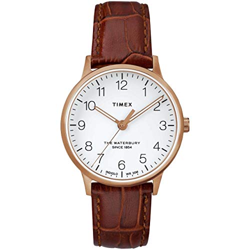Timex Women's Waterbury Classic 36mm Leather Strap Watch TW2R72500, Rose Gold/White/Brown