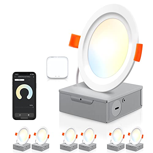 Smart Recessed Lighting, 4 Inch 2700K-6500K Dimmable LED Recessed Lights with J-Box, 10W 800LM WiFi Recessed Light Fixtures, Soft & Cool White 6 Pack, Work with Alexa/Google/Siri