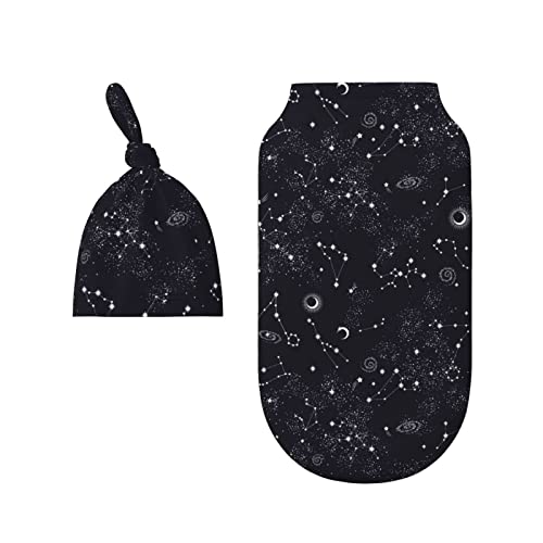 Image of LOGMOR Moon Space Planet Stars Galaxy Universe Pattern Baby Newborn Swaddle Blanket with Beanie Hat Set, 100% Cotton Receiving Blankets Sleep Sack for Boy & Girl Newborn Shower Gift