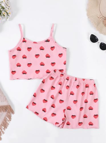 Image of Girls' 2 Piece Outfits Summer Sleeveless Cami Top and Casual Shorts Sets Pink 13-14Y