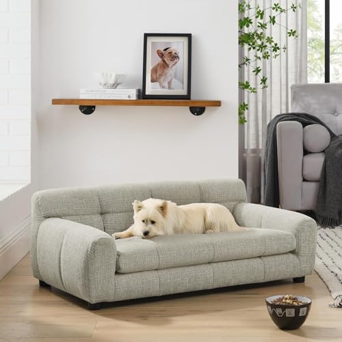 Image of Dog Couch Bed, 38 inch Sofa for Dogs with Backrest and Armrest, Durable Pet Sofa with Soft Foam Cushion, Elevated Dog Couch Bed with Legs for Medium Dogs, Beige