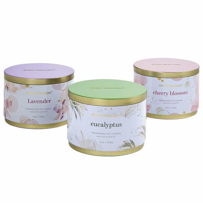 Simply Indulgent 3 Piece Fragranced Candle Set Made with Essential Oils and Soy Wax -Each CandLe contains 14 oz (369g) (Tin Vessels with Lids Included) Scents: Eucalyptus, Cherry Blossom, and Lavender