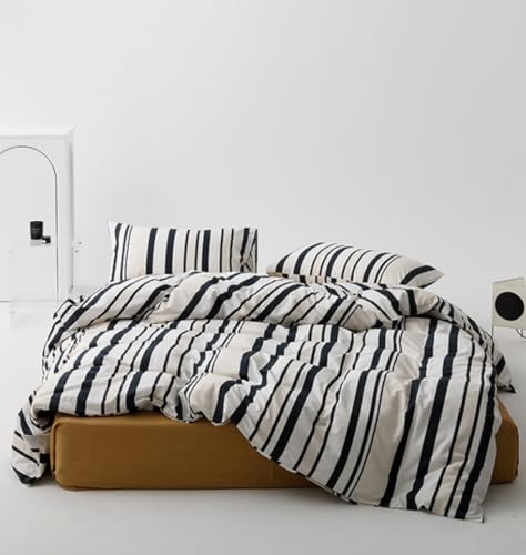 Image of KAREVER Striped Comforter Set Full Black and White Comforter Men Women Modern Chic Stripes Bed Comforters Beige Black Striped Full Ticking Bedding Comforter Set All Season Hotel Quality Bed Set