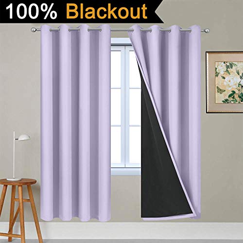 Image of Yakamok Lilac 100% Blackout Lined Curtains, 2 Thick Layers Completely Blackout Window Treatment Thermal Insulated Drapes for Kitchen /Bedroom (1 Pair, 52W x 72L)