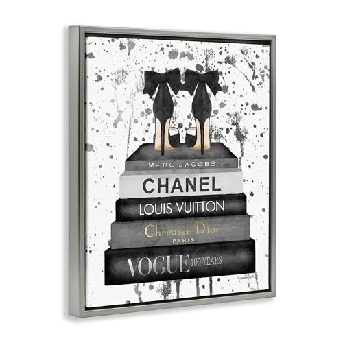 Image of Stupell Industries Glam Fashion Book Stack Grey Bow Pump Heels Ink, Design by Amanda Greenwood, 24 x 30, Grey Floater Framed | Stupell Industries | Gray, 25 x 31 Inches, Easy to Hang and Sturdy, Made in USA, by Amanda Greenwood