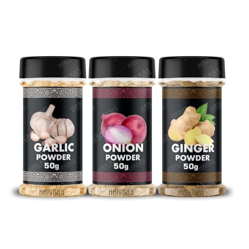 Image of HARIBAS Combo Dry Onion Powder, Garlic Powder and Ginger Powder (Adrak /Sunth) 50gm Each | For Cooking & Baking | Gluten Free Seasoning (Pack of 3)