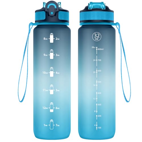 NAVTUE Trinkflasche, 1L Sport-Wasserflasche mit Strohhalm, Zeitmarkierungen, auslaufsicher, BPA-freiTritan, Wasserflasche für Schule Radfahren Laufen (1 Flasche)