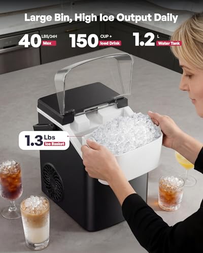 Image of EUHOMY Nugget Ice Maker Countertop with Handle, Max 40lbs Daily Sonic Ice | Ice in 4 Mins, Self-Cleaning, Portable Pebble Ice Maker with Basket and Scoop, for Home /Party /RV /Camping, Black