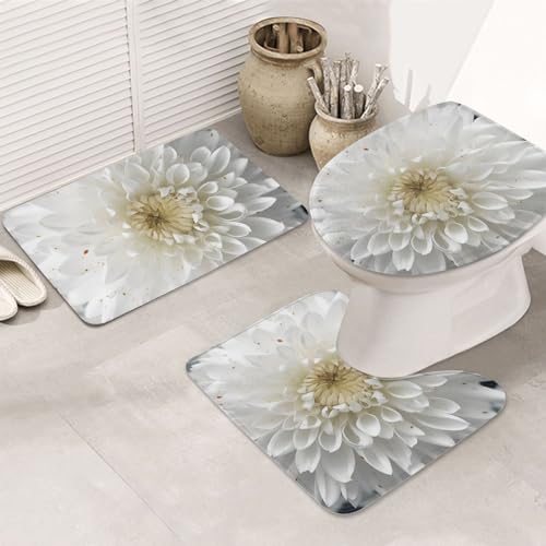 Dwrepo White Parttern Print Bathroom Rug Set 3 Piece with Non-Slip U-Shaped Contour Mat and Toilet Lid Cover for Bathroom Decoration