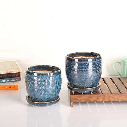 Image of Ceramic Indoor Plant Pots, Ceramic Flower Pots for Home Decoration, Planters, Ceramic Pots with Tray Set (Blue, 5 inches, Set of 2 Indoor Planters)