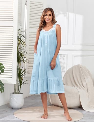 Image of Viakeo Cotton Nightgowns for Women Long House Dress Soft Sleepshirts With Pockets S-3XL