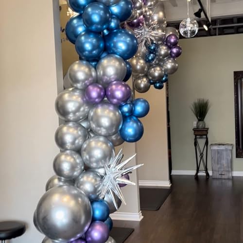 Image of Metallic Purple and Blue Balloons, 60 Packs 12 Inch Chrome Blue Purple Silver Balloon with Ribbons for Space Birthday Party Decorations
