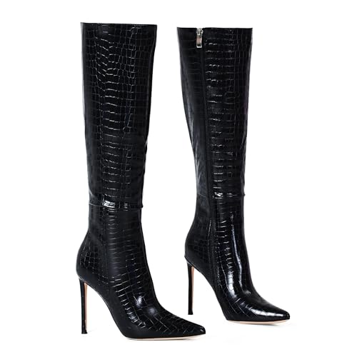 Elisabet Tang Women's Knee High Booties,4 inch Stiletto Heel Pointed Toe Wide Calf Boots Faux Leather Comfortable Combat Booties Shoes Black Grain Size 8.54