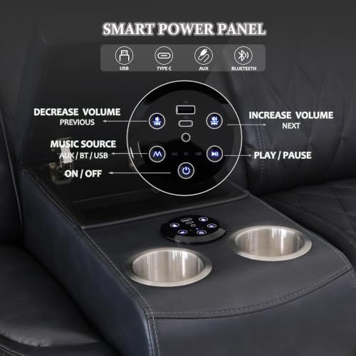 Image of Dark Grey Power Reclining Sectional Sofa with Cup Holders /Storage, 5 Seater | L-Shaped Recliner Couch with USB Charging /Storage, Home Theater Seating, Leather Furniture for Living Room, House, Apartment