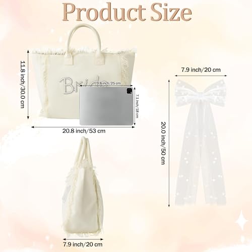 Bolso tote de lienzo para novia grande con lazo y flecos blancos miniatura 4
