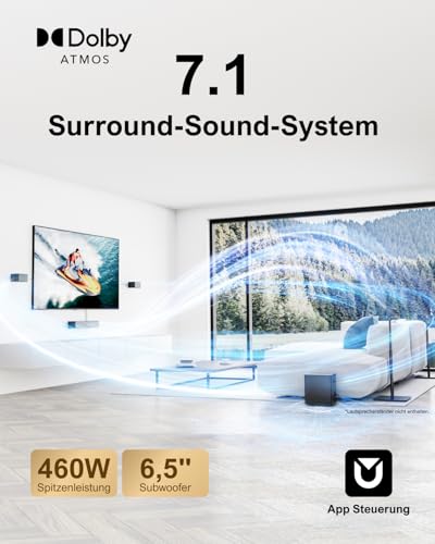 ULTIMEA 7.1 Surround Sound System für TV mit Dolby Atmos, App Steuerung, 4 kabelgebundene Surround-Lautsprecher, 460W Soundbar für Smart TV mit Wireless Subwoofer, Heimkino Sound System, Poseidon D80 – Bild 3