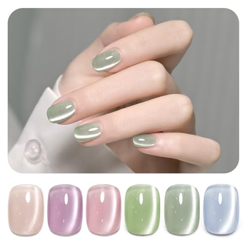GAOY Cat Eye Gel Nail Polish Set with Magnet for Green Blue Pink Glitter Holographic Cat Eye Salon Gel Manicure and Nail Art DIY at Home Minty Fresh