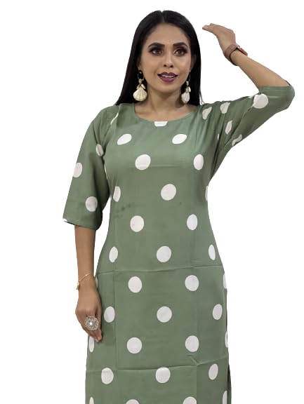 Image of Trendy Kurti|Green Coin Printed 3 /4 Sleeve Kurti|Fashionable Dress|Poly Crepe Polka Dot Knee Length Women Short Kurti|Boat Neck Dress for Daily, Casual Wear