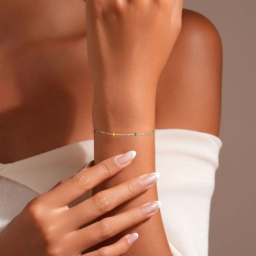 Dainty 14K Gold Plated Chain Boho Beaded Bracelet for Women S925 Sterling Silver Rainbow Bead Bohemian Bead Adjustable Chain Bracelets for Mom Daughter Birthday Jewellery Gifts Teacher Bracelets3