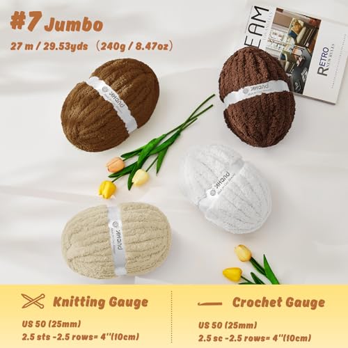 Image of Inhand Chunky Chenille Yarn for Hand Knitting, Thick Bulky Blanket Yarn for Crocheting, Soft Fluffy Yarn for Crochet Gifts & Crafts for Women /Beginners, 8 Pack (29.5 yds /8.4 oz Each), Brown-Mix
