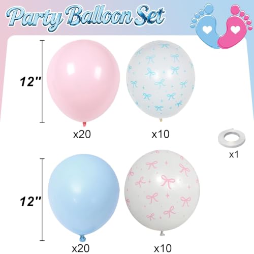 Image of HILAVO Pink and Blue Balloons, 60PCS 12 Inch Pastel Baby Pink and Blue | Gender Reveal Balloons Bow Print Balloon for Boy or Girl Gender Reveal Decorations Bear Bow Baby Shower Party Decoration