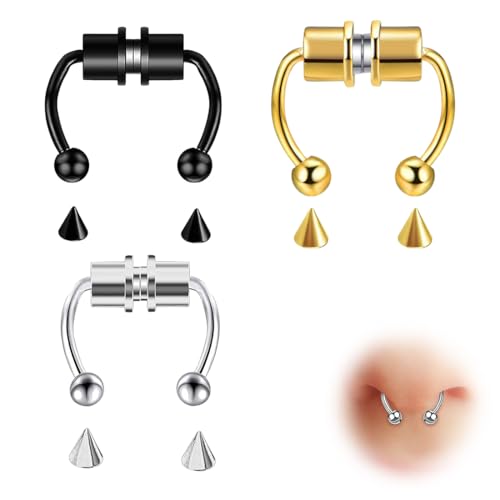 ZORVYN Set de 3 Separador Magnético, Acero Inoxidable Reutilizable, Septo Herradura Hoop Earring, Tragus Cartílago Concha Ceja Labio Ombligo Pezón, Spikes (6-12mm)