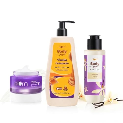 Image of Plum CeraSense Moisturizing Creme 50g + Vanilla Caramello Body Lotion 400ml + Vanilla Vibes Body Oil 100ml | Barrier Care & Intense Moisturization | Dry to Very Dry Skin