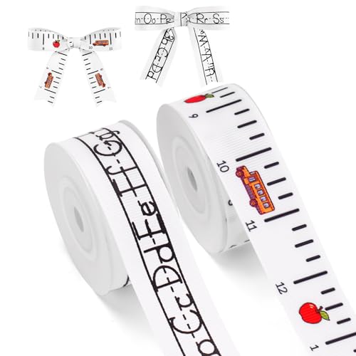 KINGLAKE Ruler Ribbon Teacher Themed - 1 Inch x 10 Yds Alphabet Letter School Bus Apple Grosgrain Ribbon for Teacher Appreciation Week Graduation Back to School Gift Wrapping Baking Classroom Decor
