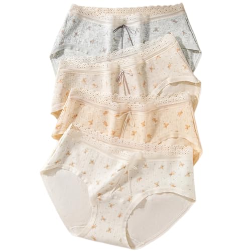 Cute Cartoon Panties,Bear Print Moisture-Wicking Cotton Briefs,Extended Crotch Mid Frilly Waist Underwear,4 Pack