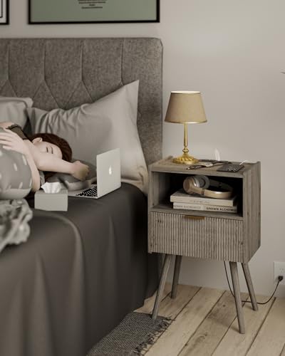 Image of JOONEE Nightstand with Outlet,Modern Bedside Table with Storage Drawer and Open Wood Shelf, for Living Room, Bedroom and Small Spaces, Accent Night Stand with Solid Wood Legs, Easy Assembly,Grey Oak