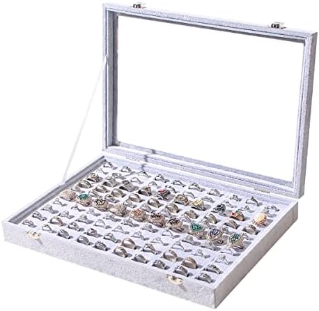 Pengup 100 Slots Ring Case Organizer,Jewelry Cufflinks Display Holder Storage Boxes Showcase for Rings Earings with Glass Lid (Ice Velvet).