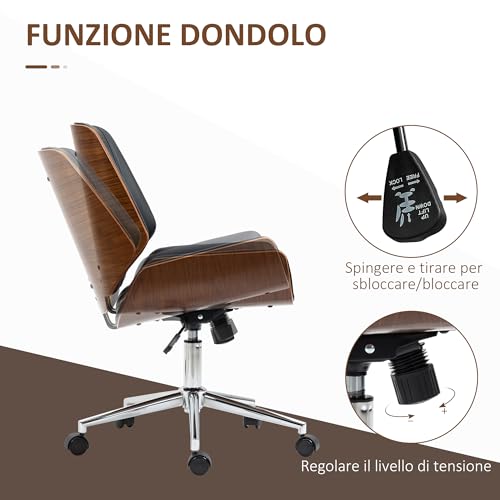 Sedia da Ufficio Senza Braccioli con Ruote Girevoli, Schienale e Seduta Curva, Sedia da Scrivania Studio Vintage Inclinabile, Altezza Regolabile, in Pelle PU e Legno, Nero e Marrone Scuro - Sedia gaming - Immagine 4