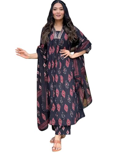 Image of Dress for Women | Anarkali Maxi Dresses | Three Piece | Embroidered Flared | Cotton Printed | with Pant and Dupatta | Long | Black