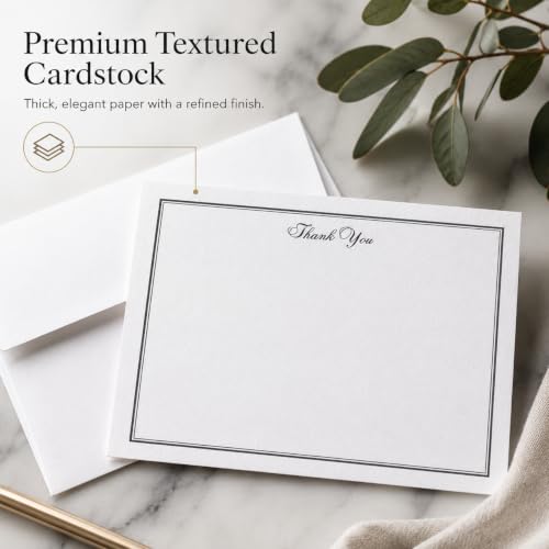 Image of 10 Thank You Note Cards & 10 White Envelopes, FLAT Thank You Stationery Set | For Men and Women, Blank Thank You Notes for Wedding, Baby Shower, Graduation, Classic Style