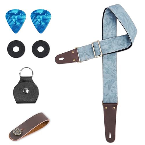 Czzmy Adjustable Guitar Strap Includes 2 Strap Locks & 2 Matching Picks.Leather ends Guitar Shoulder Strap Suitable for Acoustic Guitar,Electric Guitar,Gift for Guitarist(1-Carved Light Blue)