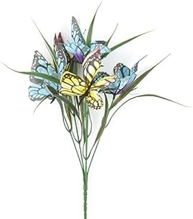 Wispy Blue and Yellow Artificial Butterfly Grass Bushes for Indoor Decor - 4 Bushes