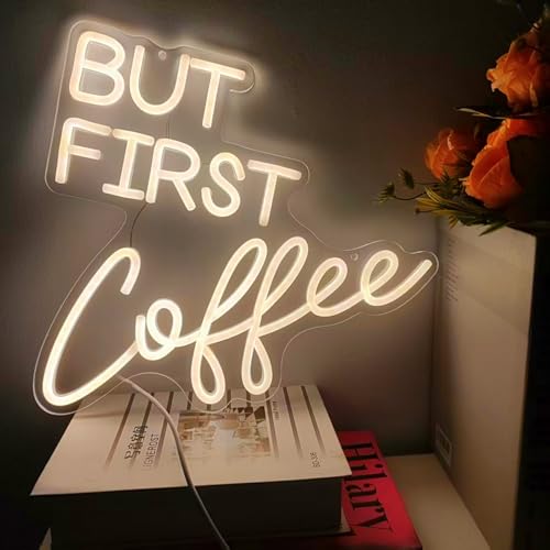 Image of Coffee Bar Signs for Home Kitchen Cafe Corner Shop Decor LED Dimmable But First Coffee Light up Neon Light Signs 5V USB Powered with Hanging Chain,Gifts for Birthday Shop Open(B-Warm White)